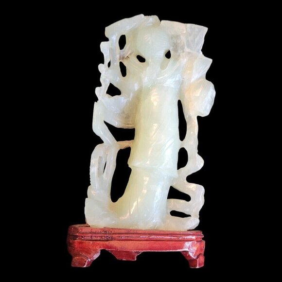 Set of 4 Vintage GESHIA's Asian Italy Green Jadeite Glass Figurines Wood Base - Picture 4 of 16